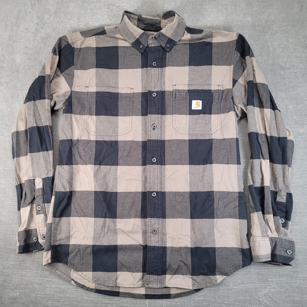 Carhartt Flannel Shirt Mens Medium Brown Black Buffalo Plaid Relaxed Fit L/S